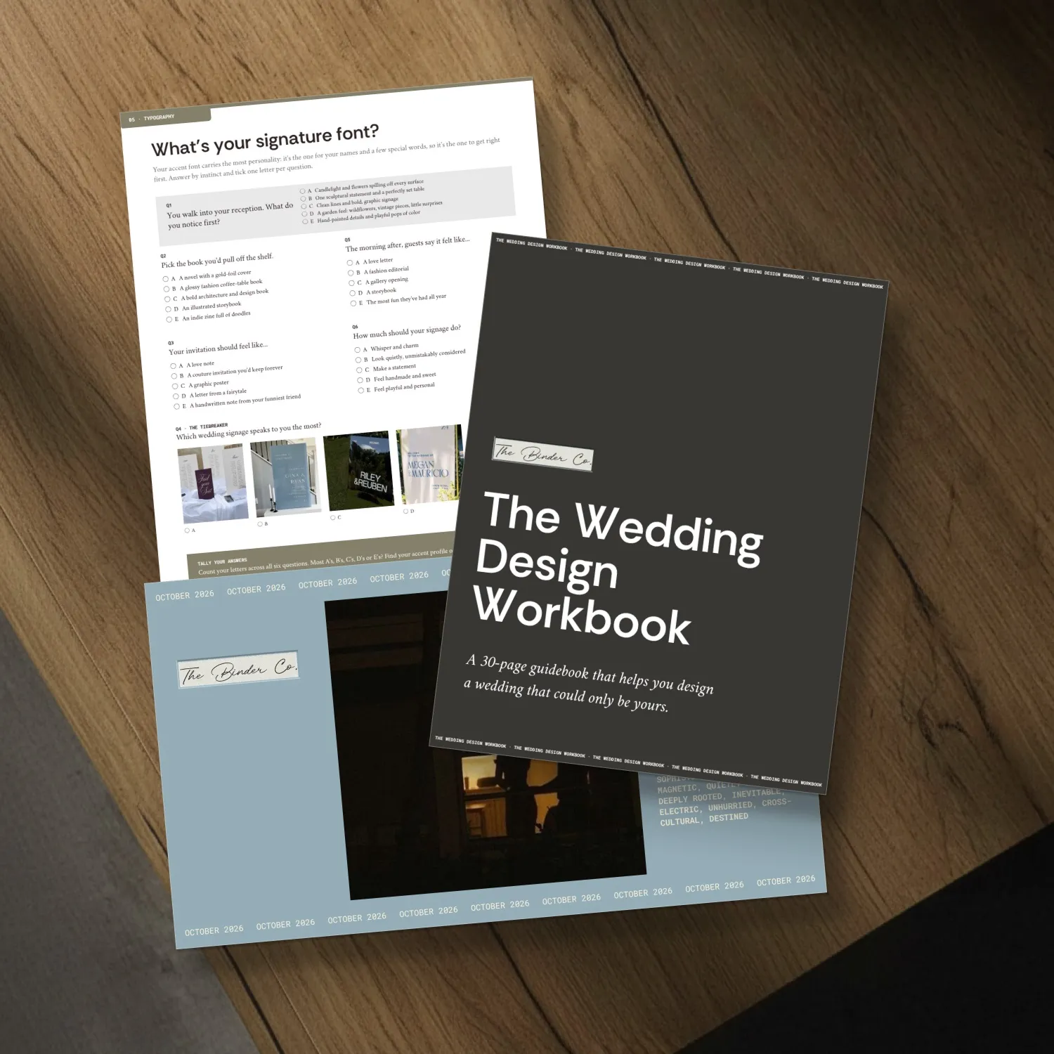 The Wedding Design Workbook from the Binder Kit, printed and laid out on a table