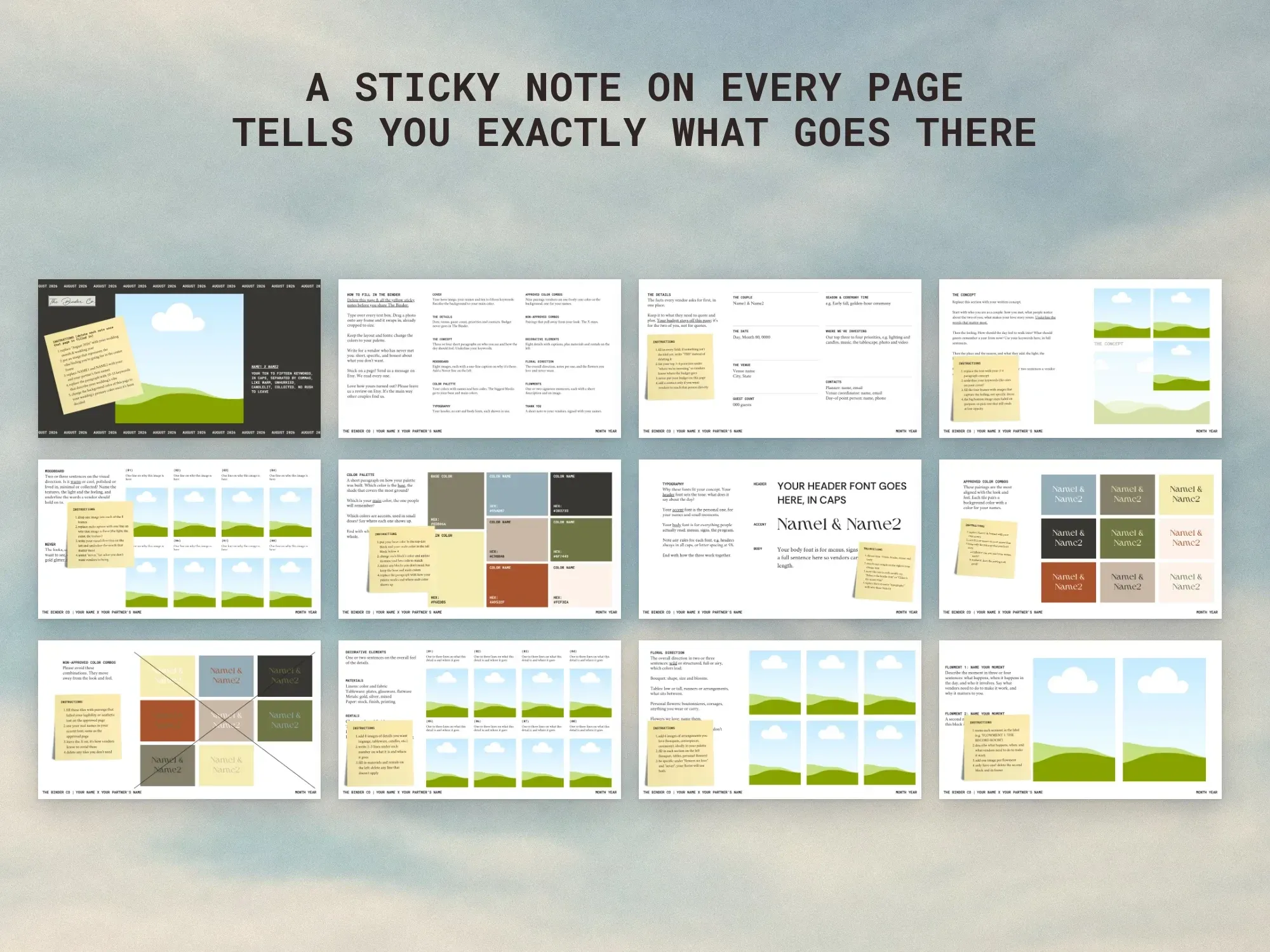 The Binder's Canva pages, each with a yellow sticky note explaining exactly what goes there