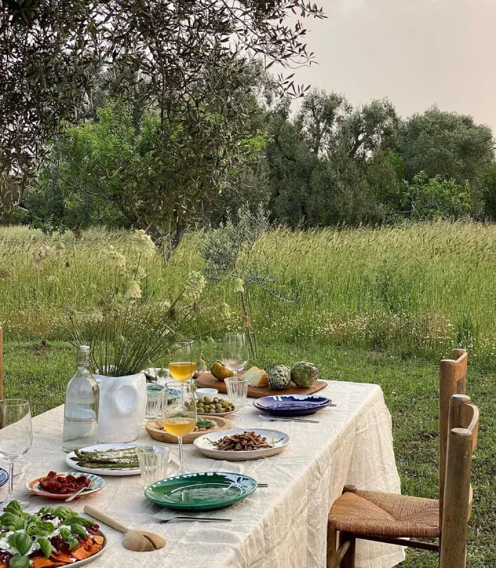 Outdoor table set with cheese, fruit, and olives in a sunlit green field