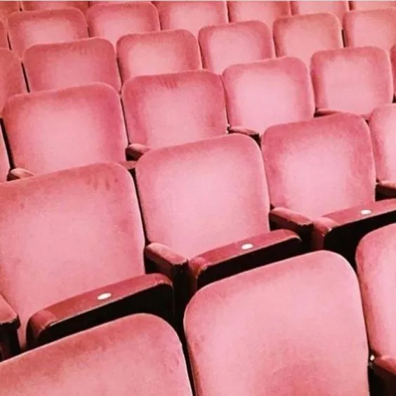 Rows of pink velvet theater seating