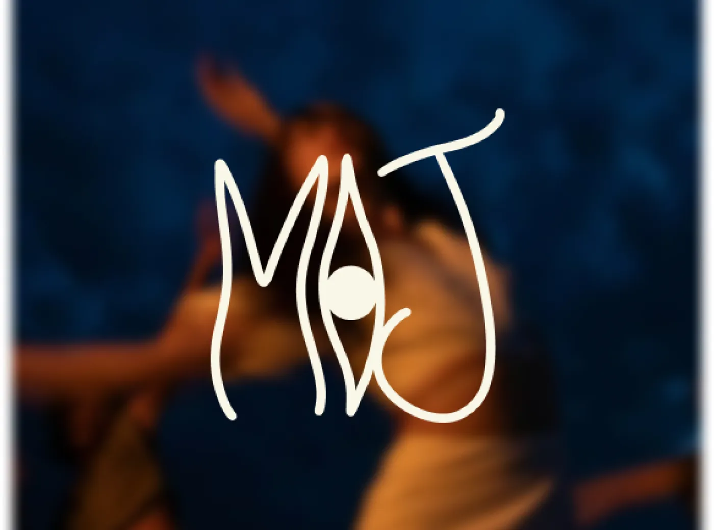 A hand-drawn M&J monogram illustration on a warm sunset background