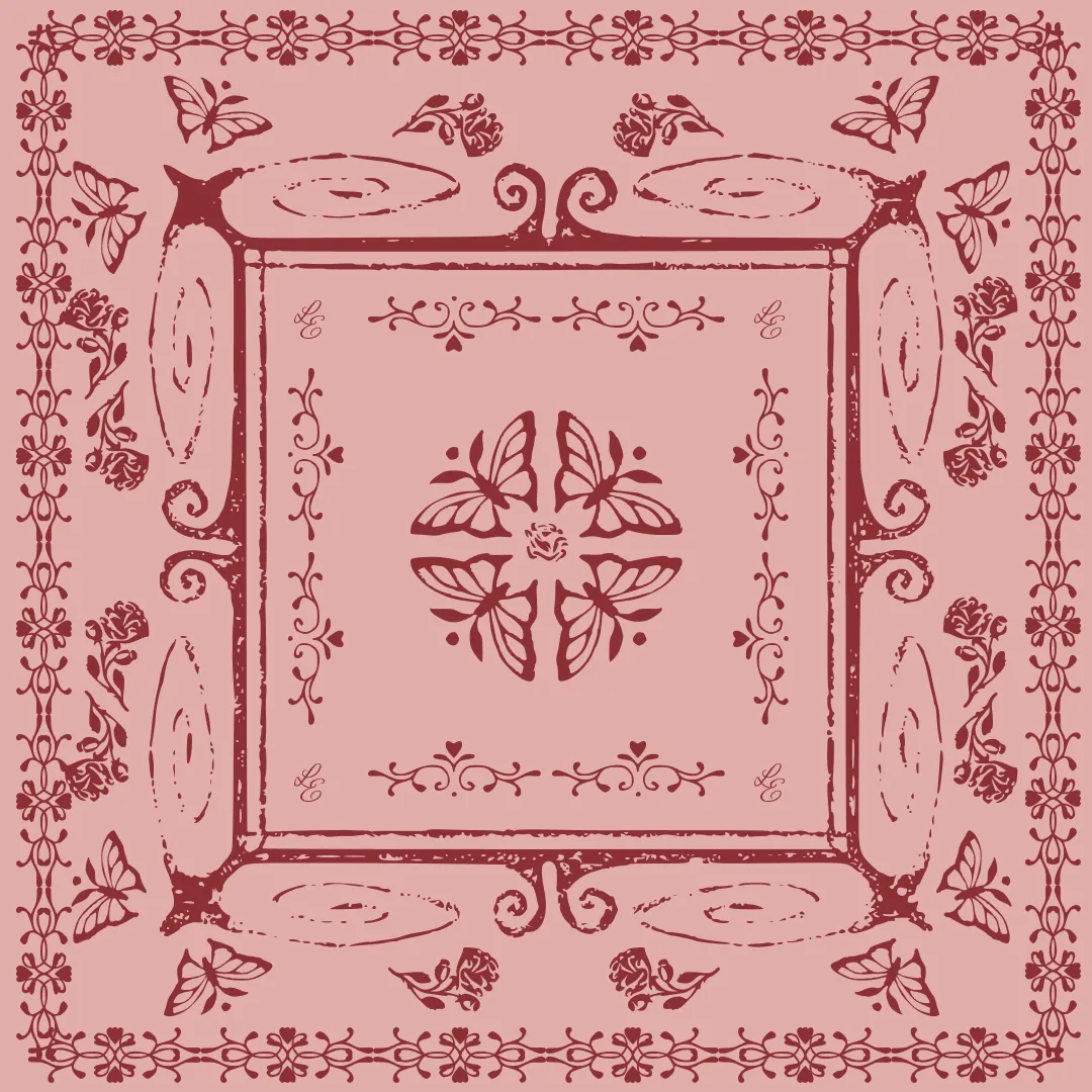 Bandana-style butterfly and rose illustration in maroon on dusty pink
