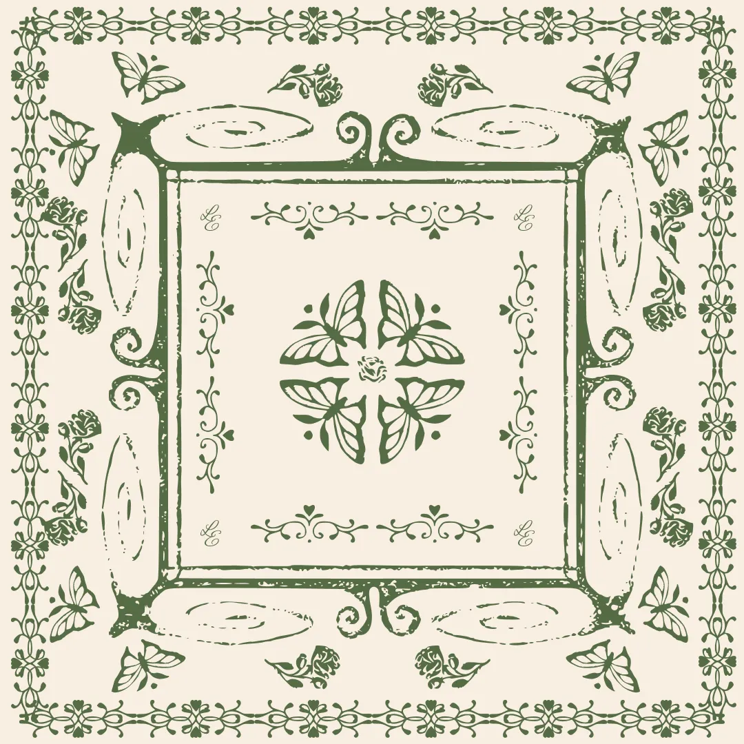 Bandana-style butterfly and rose illustration in sage green on cream