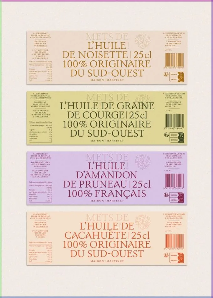 Four colorful French oil bottle labels in orange, olive, purple, and peach