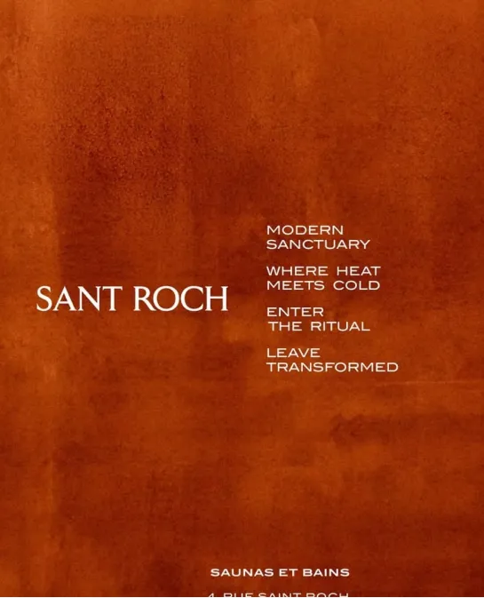 Sant Roch sauna and bath advertisement on a rust-orange textured background