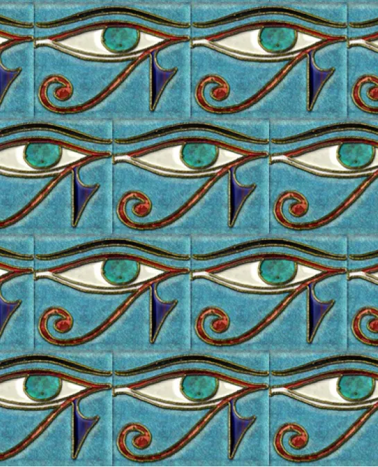 Repeating Eye of Horus pattern in teal, red, and gold