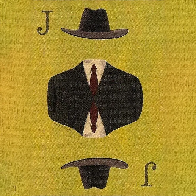 Illustrated Jack playing card in mustard yellow with a dark suit and hat