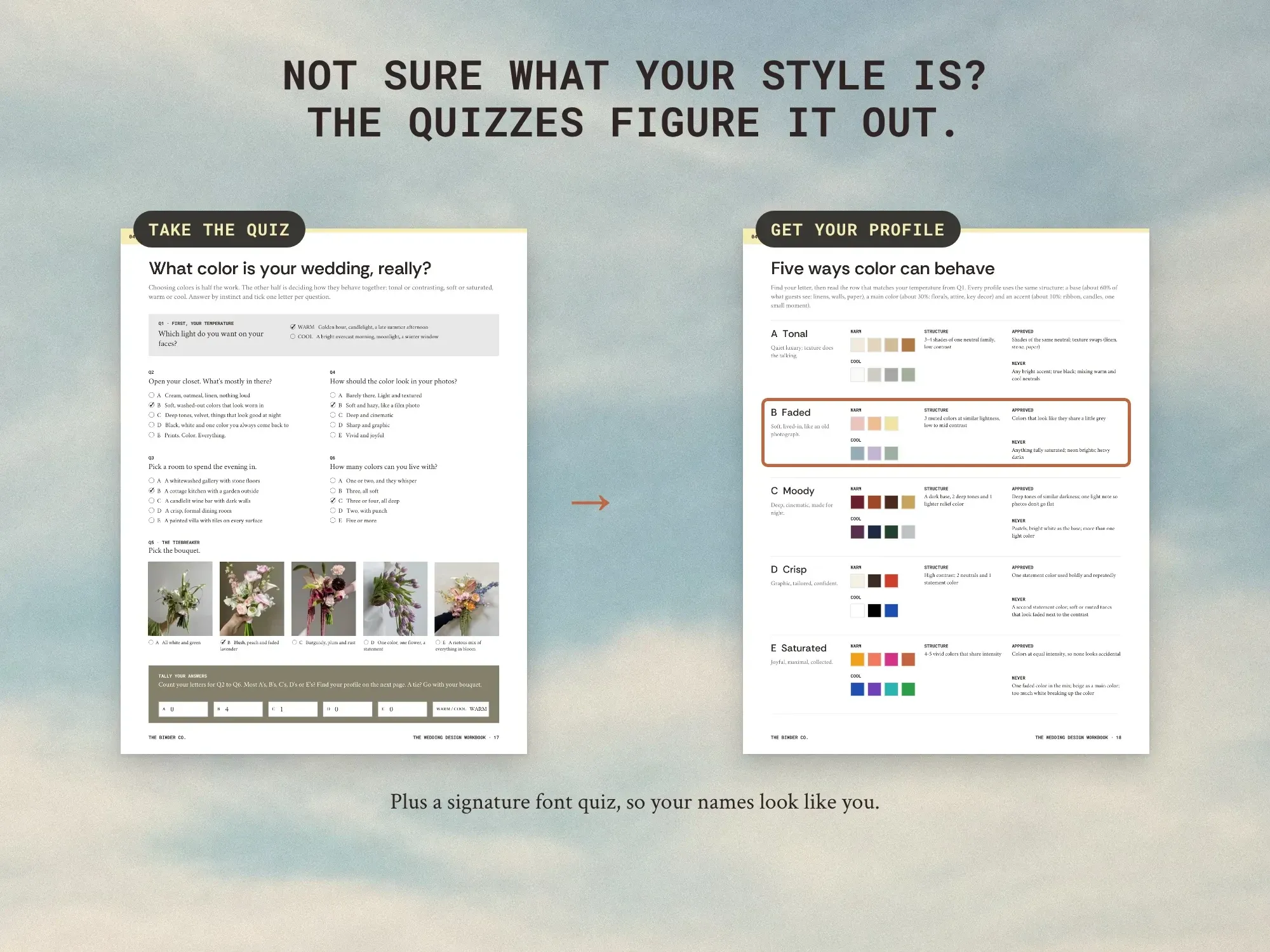 The workbook's color quiz and the five color profiles it points you to: Tonal, Faded, Moody, Crisp and Saturated